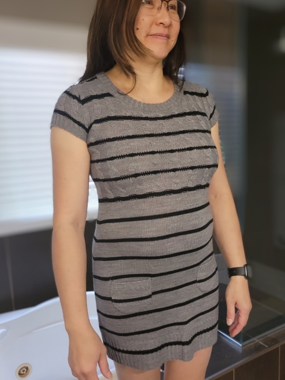 Gray and Black Striped Knit Women's Top